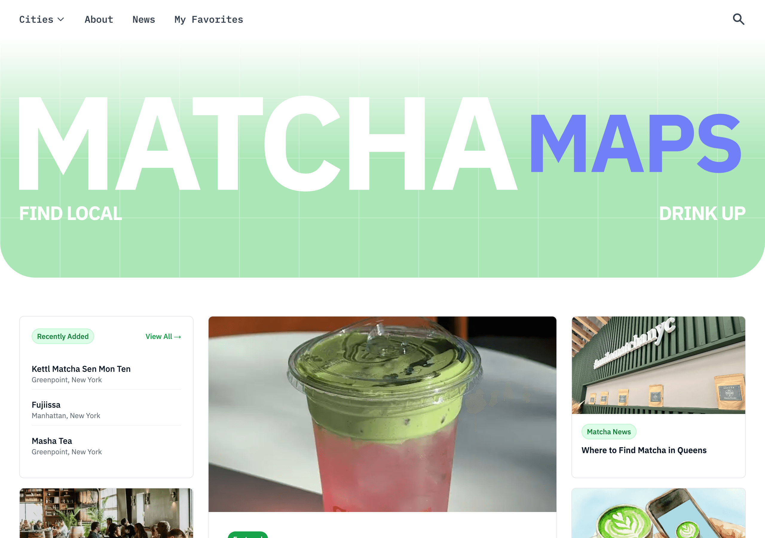 Matcha Maps homepage showing the hero and recently added shops